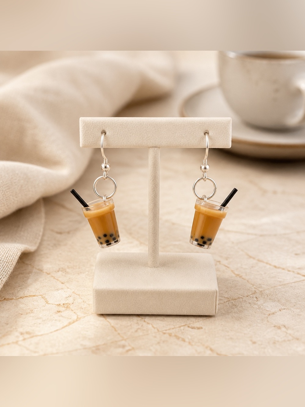 Boba Bubble Tea Dangle Earrings in Brown – hypoallergenic hooks